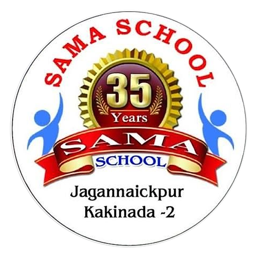 The Sama School crest: a white disc bearing the school’s name in an arc above a gold “35 Years” sunburst medallion, a red ribbon reading “SAMA”, two blue figures, and the words “Jagannaickpur Kakinada -2”.